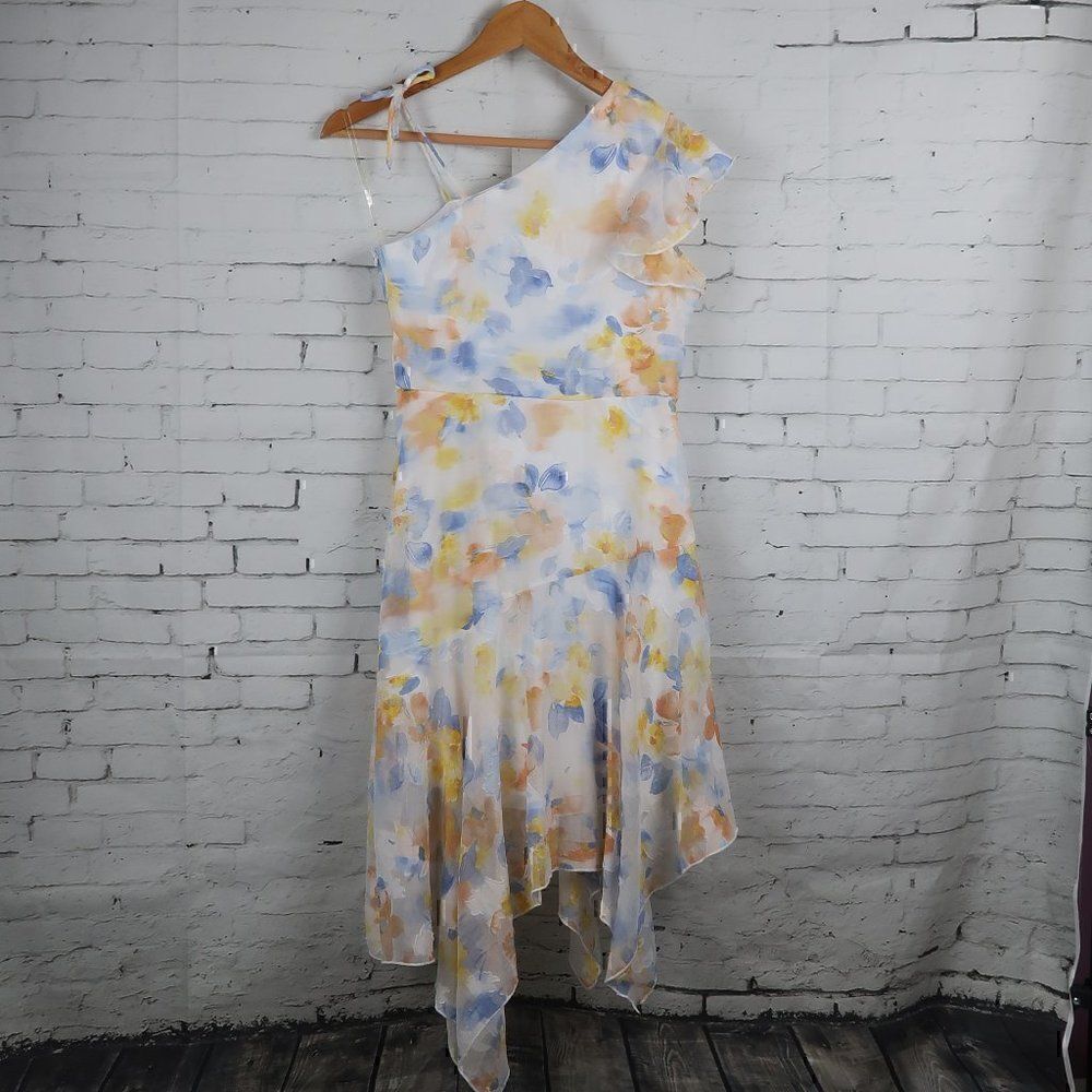 SPEECHLESS KIDS WHITE WITH ORANGE YELLOW & BLUE FLORAL ONE SHOULDER DRESS